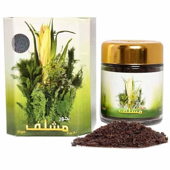 عبوة بخور عود مطحون مشلف مع كمية من البخور وكيس المنتج