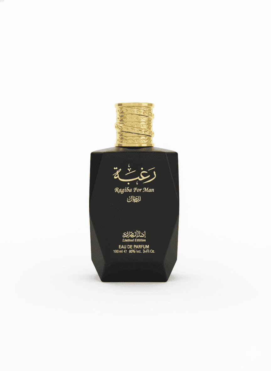 زجاجة عطر رغبة للرجال باللون الأسود مع غطاء ذهبي منقوش