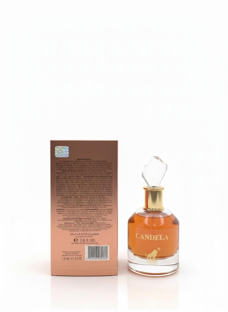 الجهة الخلفية لعلبة عطر كانديلا بجانب زجاجة العطر ذات السائل الذهبي والغطاء الكريستالي