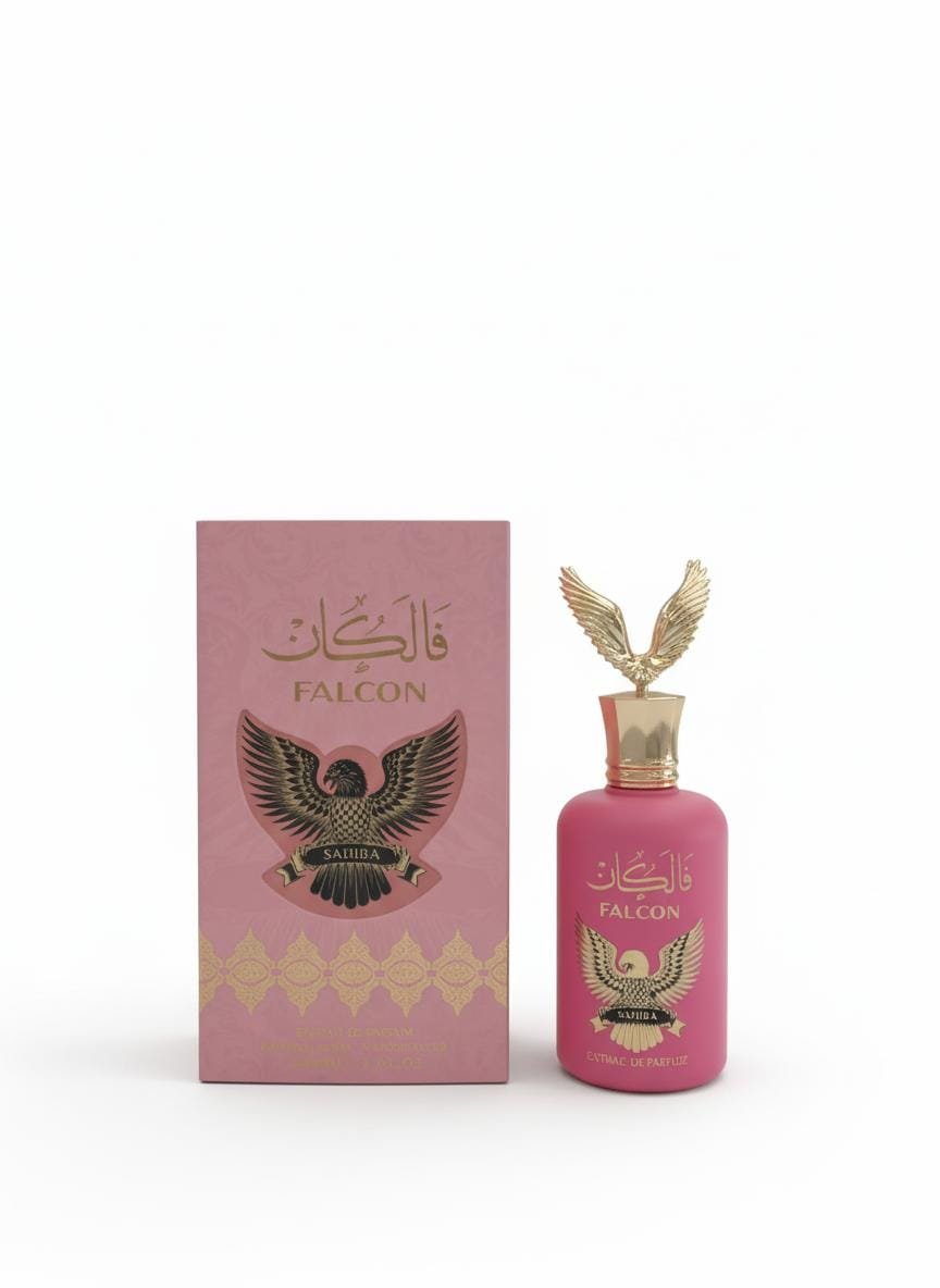 زجاجة عطر فالكان صحيبة باللون الوردي بجانب العلبة الكرتونية المطابقة
