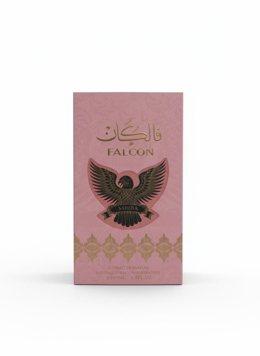 واجهة علبة عطر فالكان صحيبة باللون الوردي وتفاصيل ذهبية