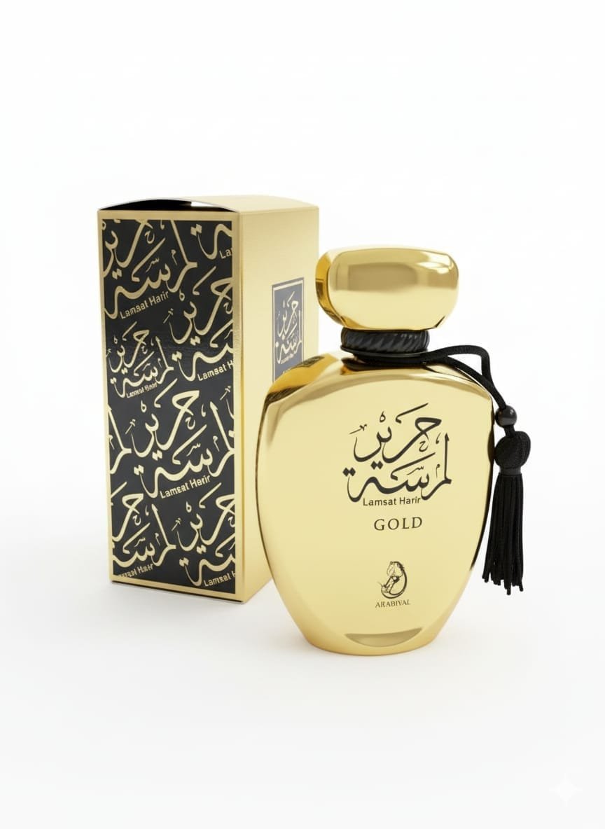 زجاجة عطر لمسة حرير جولد الذهبية مع علبة المنتج