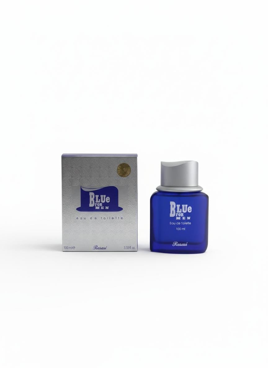 عطر Blue For Men من الرصاصي بجانب العلبة الكرتونية